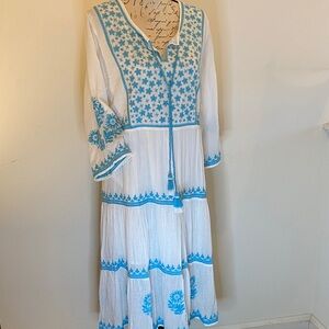 Soft Surroundings Boho White Tiered Dress with Blue Embroidery